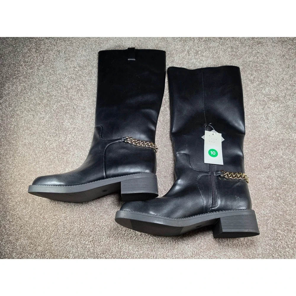 A New Day Bobbi Black Tall Chain Boots Low Block Heel Women 10